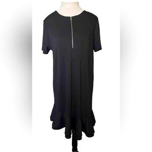 Zara Black Shift Dress Asymmetrical Ruffle Hem Quarter Zip‎ Top Size M Stretchy
